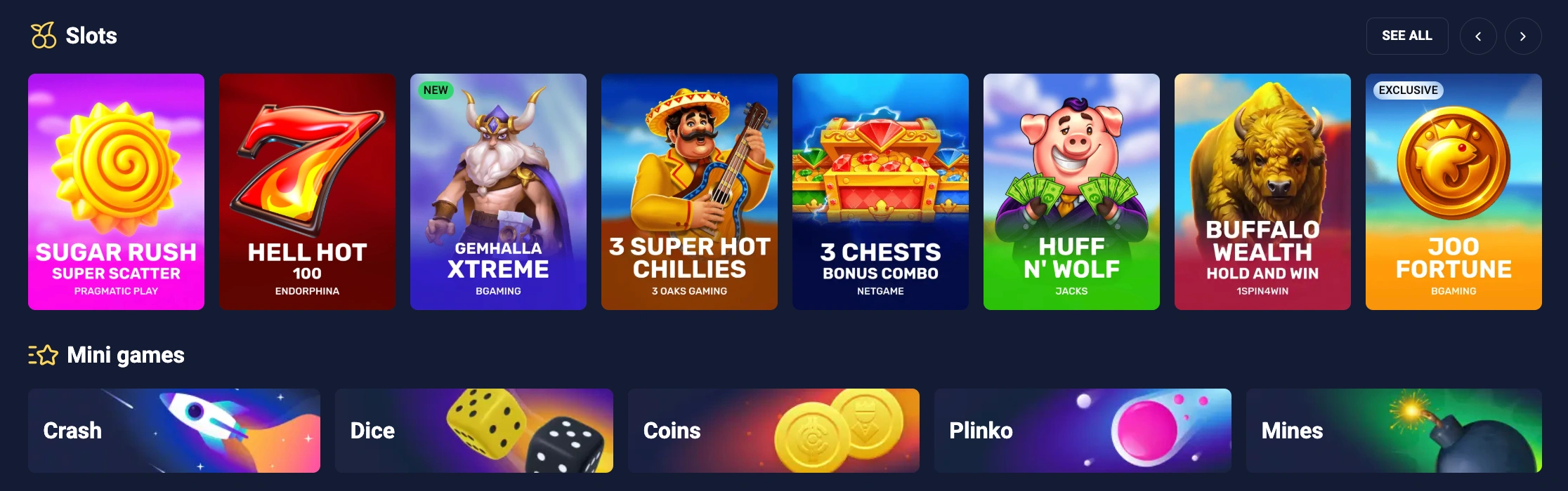 Різноманітні ігри: слоти, Live Casino та Instant Win у Joo Casino